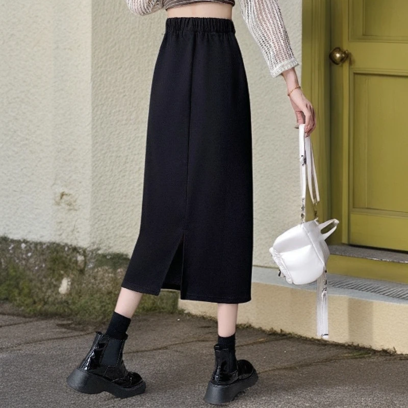 1春秋大码加绒过膝半身裙女小个子中长裙松紧高腰开叉显瘦直筒裙