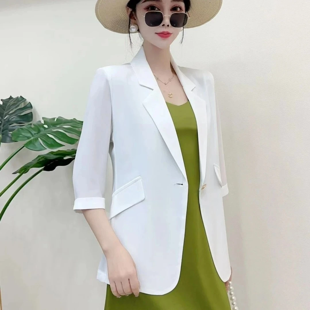 韩版小西装新款珍珠纱大码小西服气质修身显瘦一粒扣时尚防晒外套