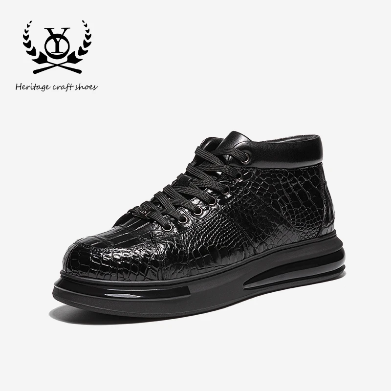 YO-K7782冬季加绒保暖男鞋增高男士运动休闲板鞋黑色鳄鱼皮高帮鞋