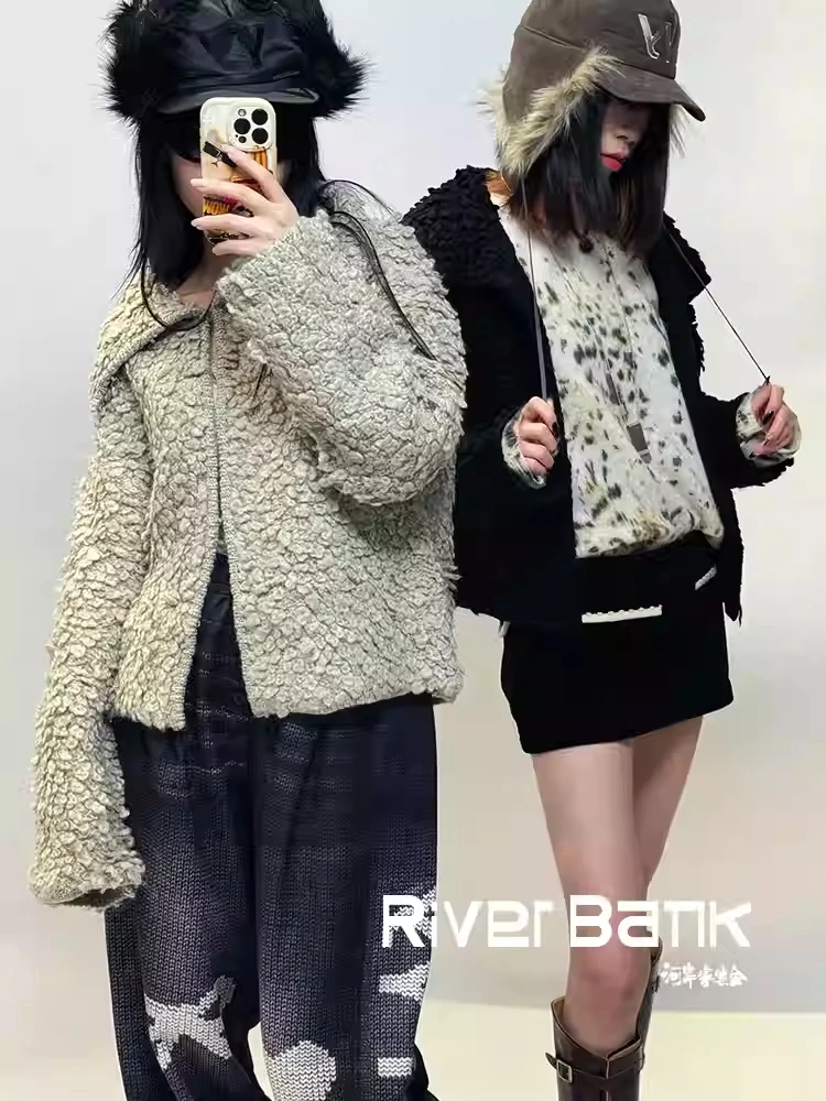 河岸家买手店设计师OPEN YY翻领拉链针织毛毛短外套女24秋冬