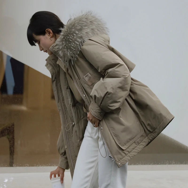 90大白鹅绒大毛领羽绒服2024年新款女冬外套韩版时尚羽绒服连帽L