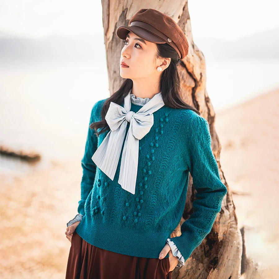 撒哈拉原创【豆豆】进口精工编织 重工艺手钩羊绒圆领套头毛衣