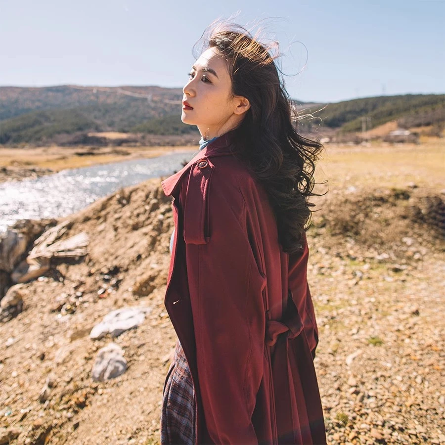 撒哈拉原创【狮院女孩】格兰芬多红 双排扣中长款羊毛风衣外套