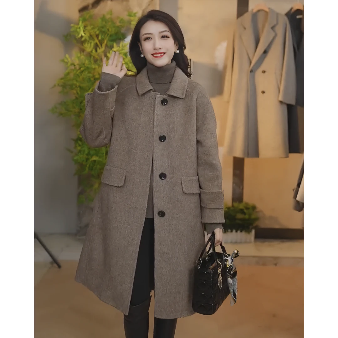 【曼贝】红咖色小个子双面呢羊毛100%大衣中长款手工缝8384007