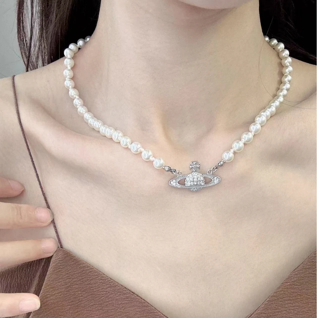 铜合金仿珍珠项链 土星气质轻奢时尚可爱百搭小众坠链素款