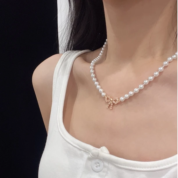 铜合金项链 蝴蝶结珠珠气质优雅时尚项链