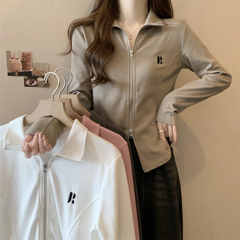 大码显瘦春秋polo领拉链设计感小众上衣女胖mm洋气减龄百搭T恤
