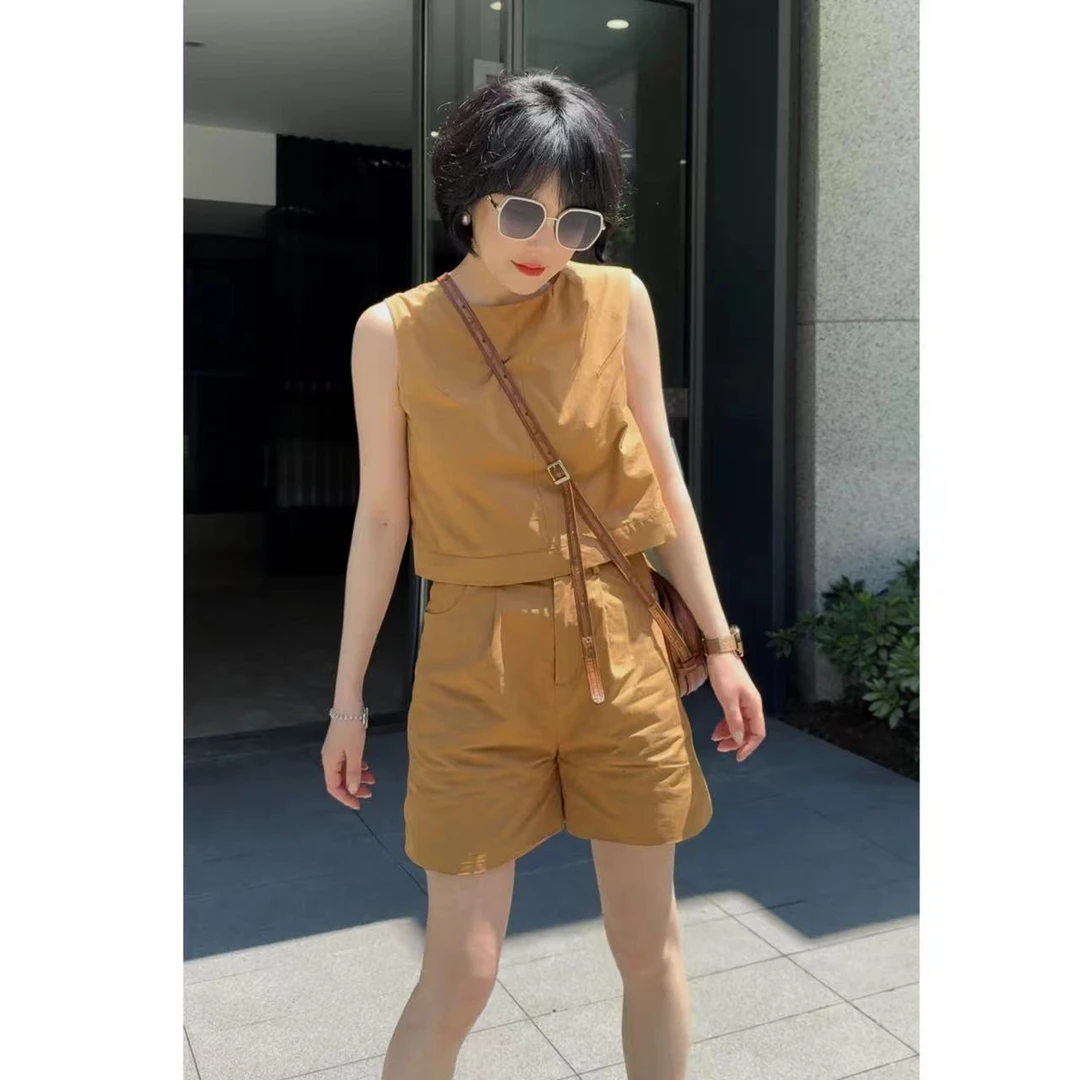 欧货设计感无袖背心马甲短裤套装女夏季新款宽松休闲时尚两件套装