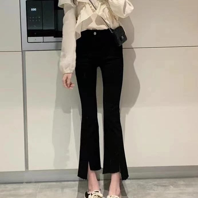 黑色不规则开叉微辣女裤显瘦百搭春秋季长裤女高腰微喇裤喇叭裤