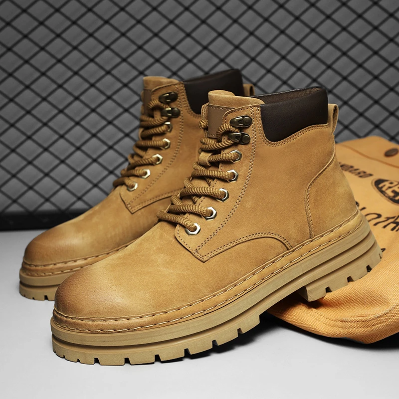 新款秋冬大黄靴复古英伦风高帮增高马丁靴男士休闲工装靴真皮男鞋