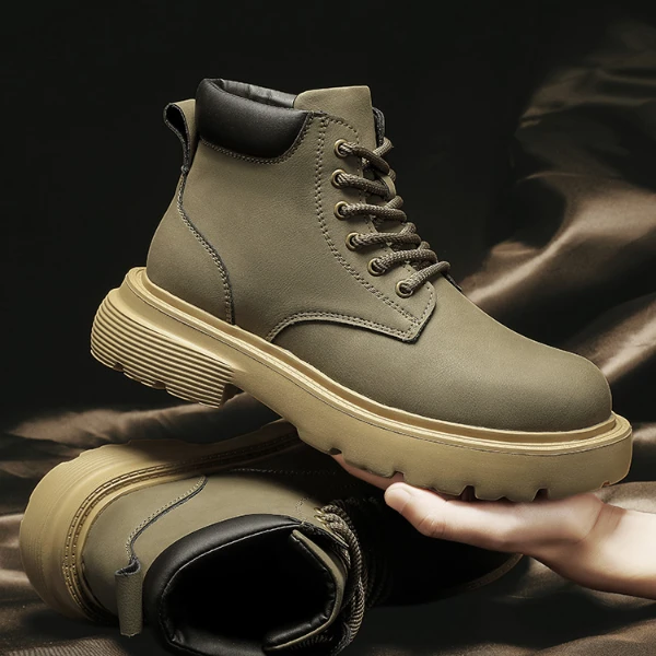 新款秋冬季宽底增高马丁靴高帮真皮大黄靴英伦风百搭潮款工装靴男