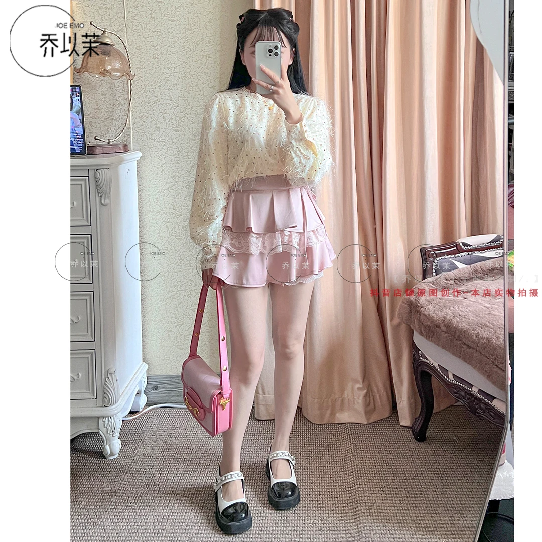 夏季小个子小香风两件套装亮片上衣衬衫短裙蛋糕半身裙修身显瘦女
