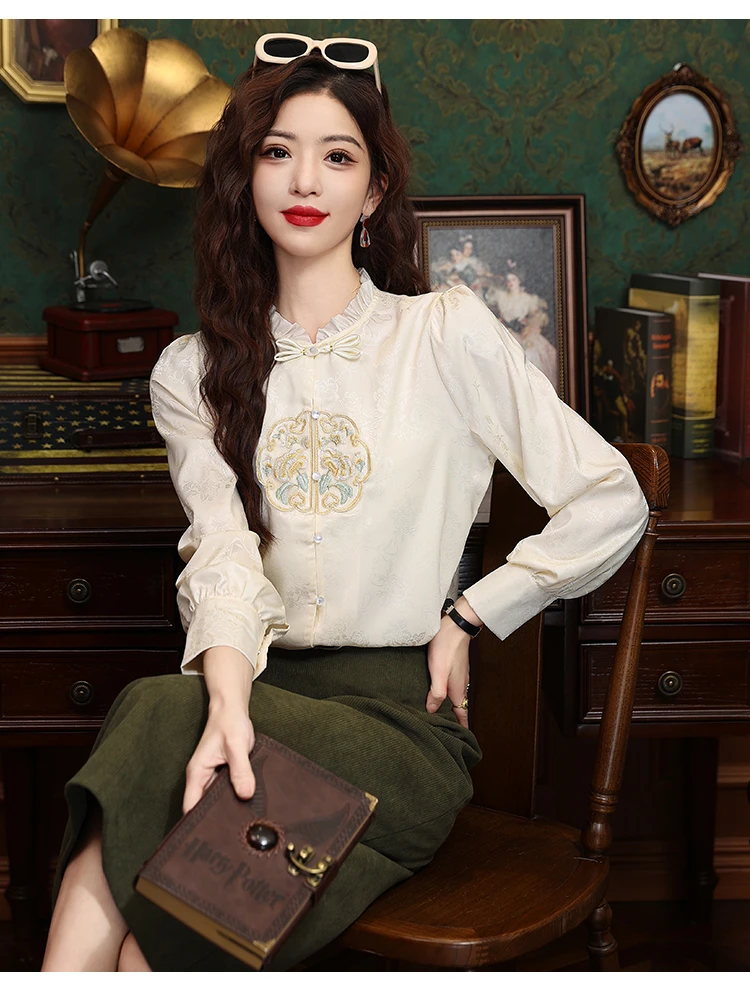 衬衫新款中式国风复古民国风甜美绣花刺绣长袖衬衣气质小众设计感