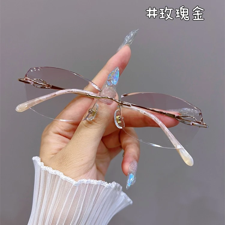 时尚纯钛无框眼镜女近视可配有高度数加散光钻石切边大脸韩潮980