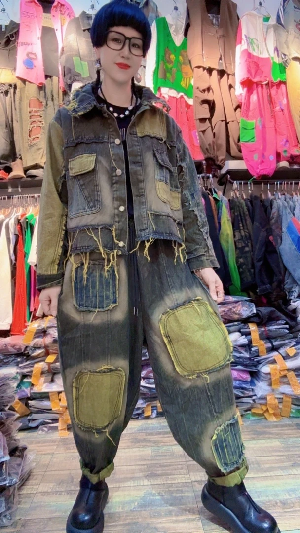 潮酷欧货牛仔拼色个性裤