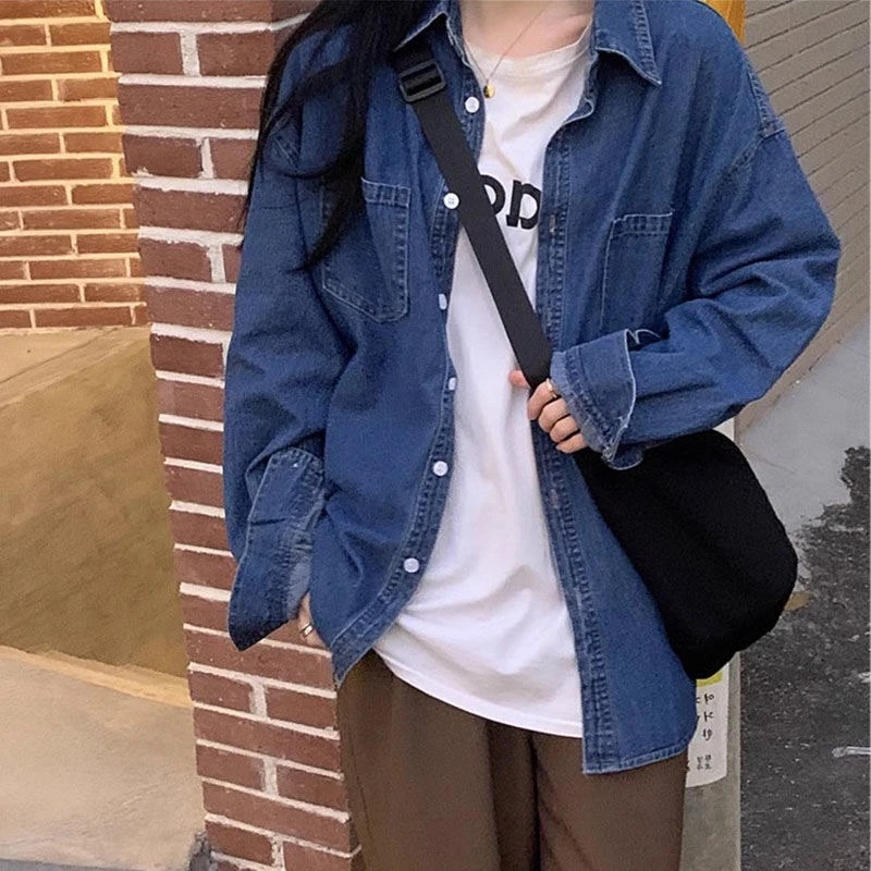 港风秋季2024新款牛仔衬衫女蓝色韩版宽松薄款外套复古百搭上衣