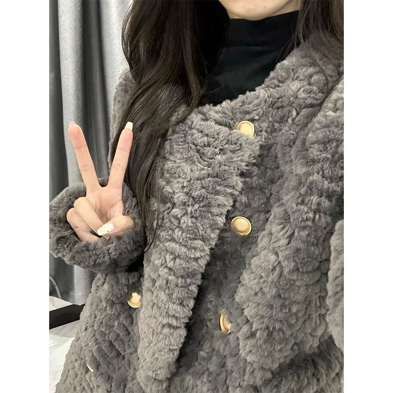 灰色双排扣小香风毛毛外套女2023秋冬季新款宽松韩版百搭美式上衣