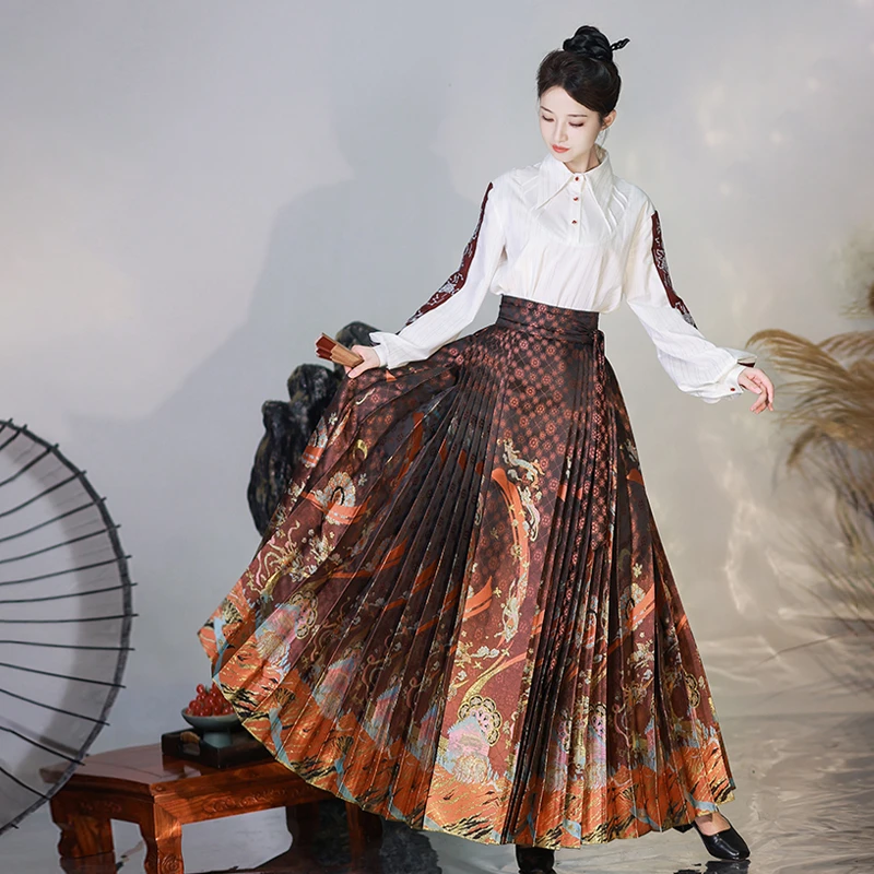 九天汉韵原创设计汉服男女明制仿妆花缎百褶织金马面裙敦煌遗梦