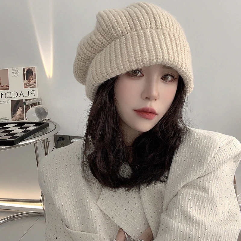 秋冬大版三合一大头围堆堆帽女保暖加厚毛线帽显脸小日系针织帽子