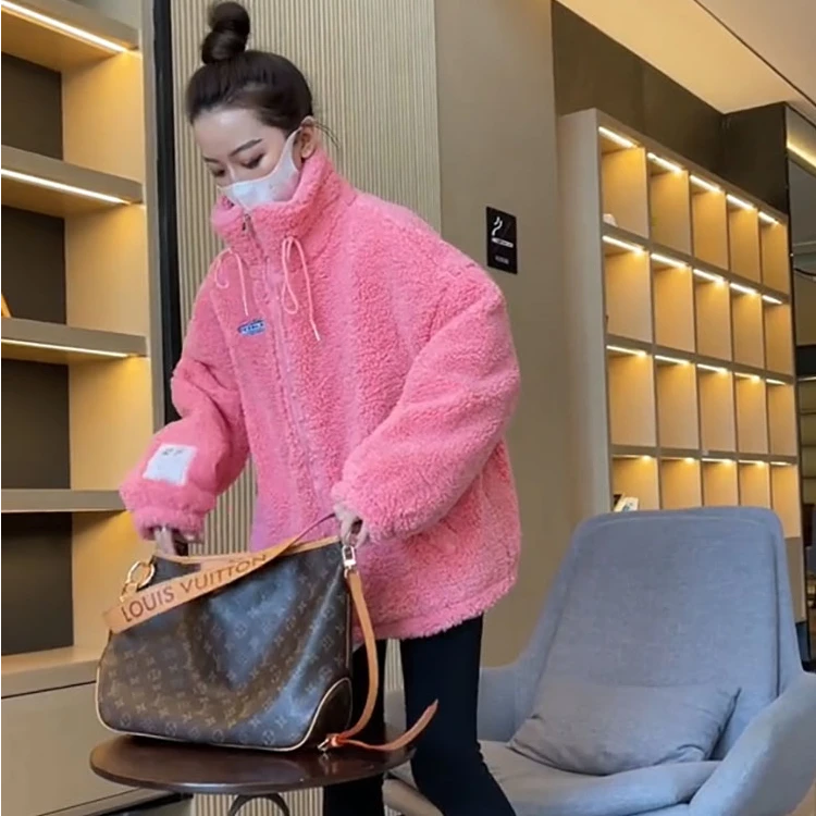 时尚韩版加厚毛绒绒外套宽松保暖秋冬百搭上衣羊羔绒加绒冬季