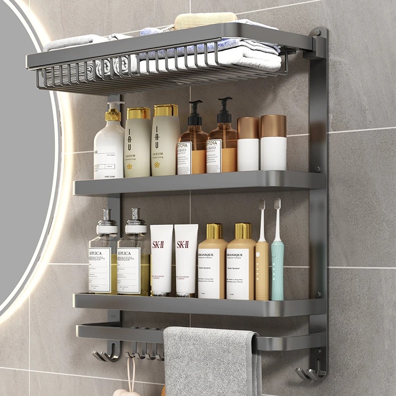 卫生间折叠毛巾架免打孔墙上浴室置物架多功能收纳浴巾架毛巾挂架