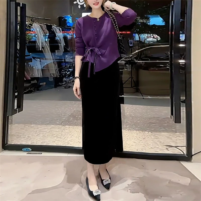 法式设计感小众套装女2024秋冬新款气质绑带针织衫半身裙两件套潮