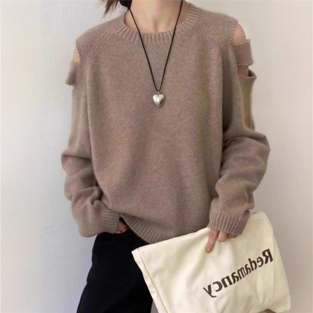 韩系洋气设计感钉珠露肩针织衫女2024新款气质感独特绝美百搭上衣
