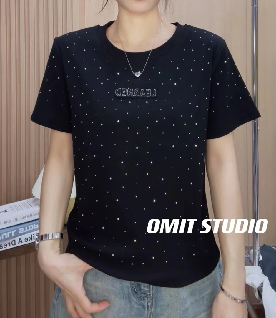 【粉钻T】新款正肩满钻刺绣工艺韩版修身弹力棉短袖