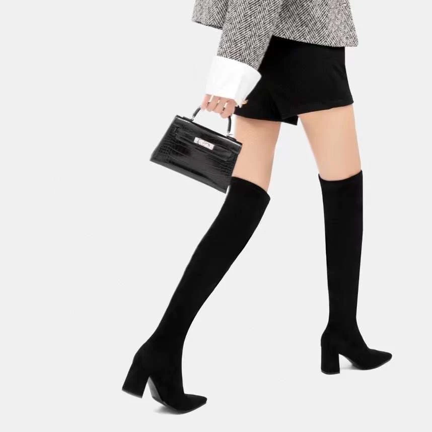 尖头粗跟显瘦显高过膝靴性感黑色高跟长筒靴气质瘦瘦靴女神必备