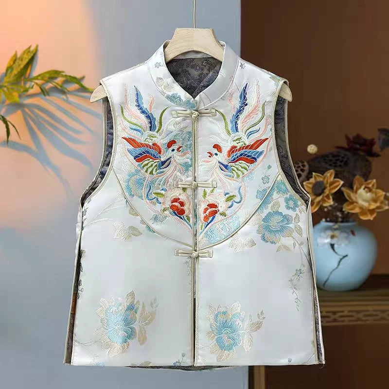 新中式重工刺绣织锦提花立领马甲外套女春季国风盘扣马夹背心上衣