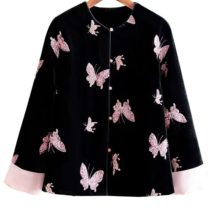 新中式丝绒刺绣外套女2024秋季新品重工亮片宽松气质夹棉上衣