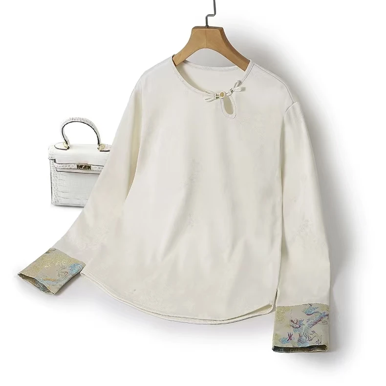 【白雪】2024新中式秋冬加绒提花圆领花萝长袖气质显瘦百搭小衫女