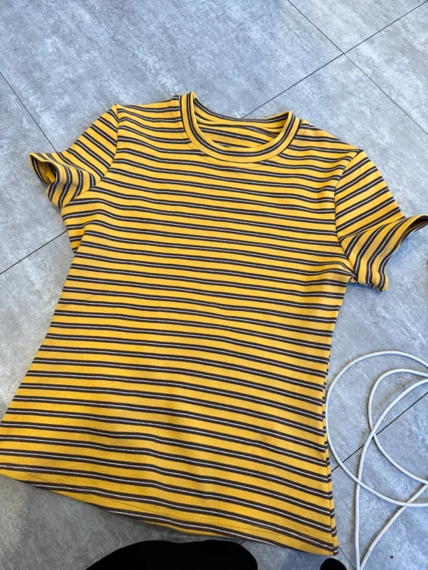 新款韩版修身圆领条纹T恤磨毛字母百搭休闲上衣女