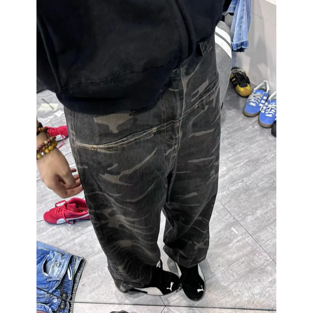 美式复古小众设计感迷彩牛仔裤潮牌高街裤子情侣潮裤
