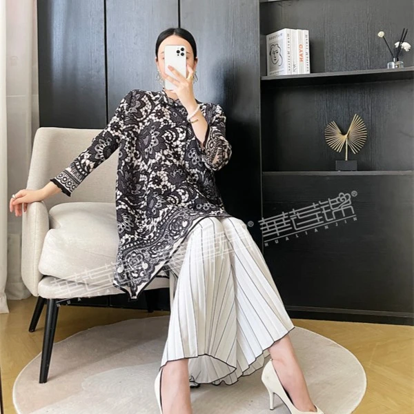 【虞美人】秋冬新款褶皱印花复古时尚大码高档女装气质中式连衣裙子