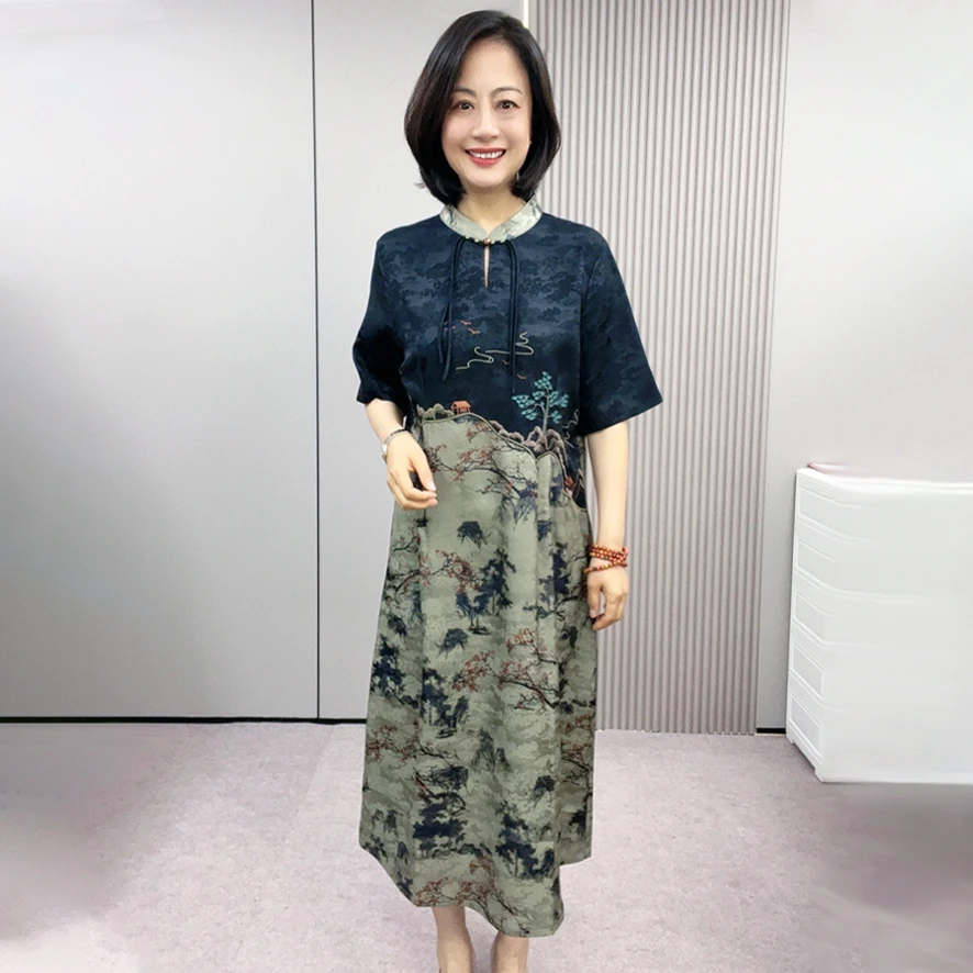 24072夏季新中式简约妈妈装气质显瘦国风山水长款中袖连衣裙