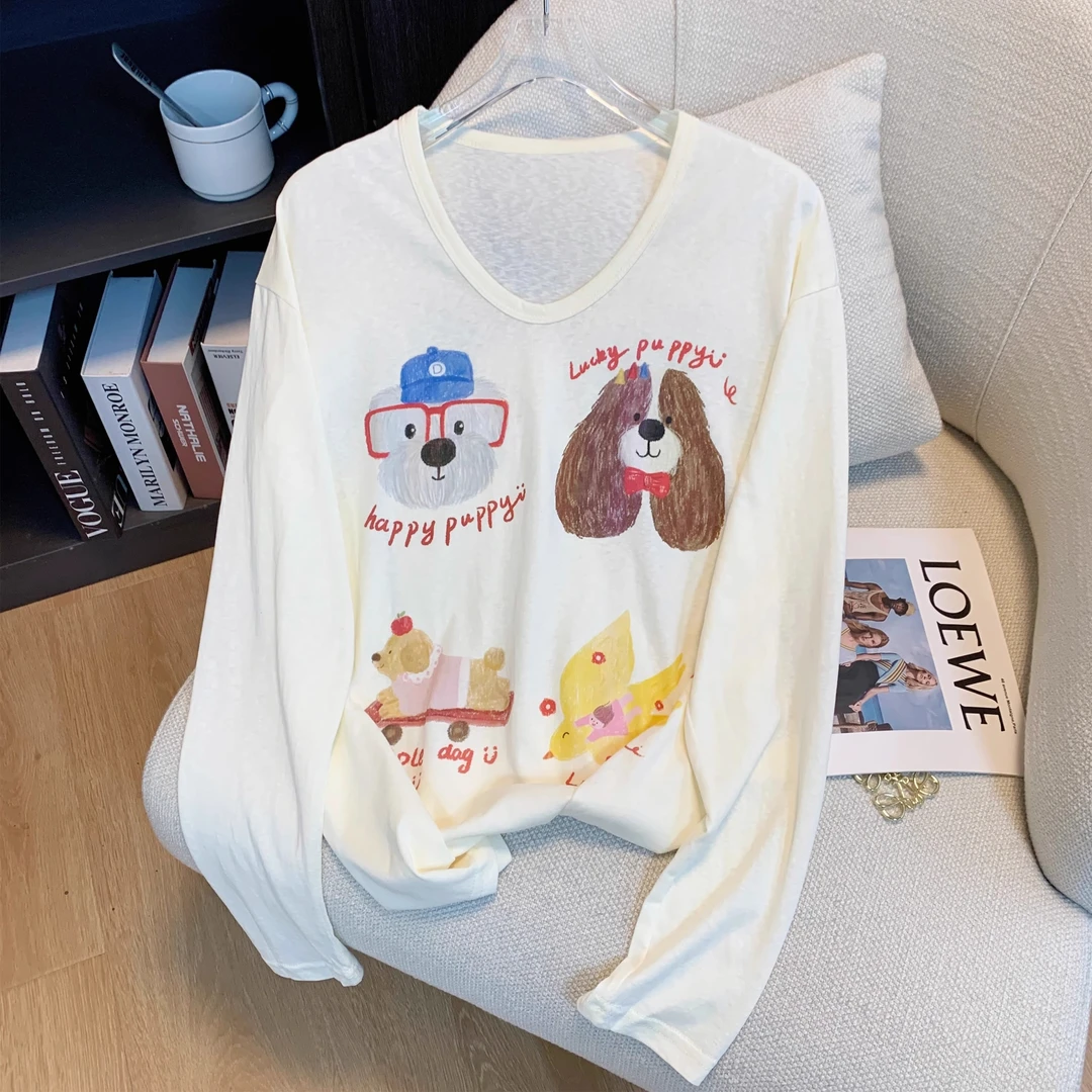 减龄可爱狗狗印花长袖T恤女2025春季宽松休闲慵懒风高级感u领上衣