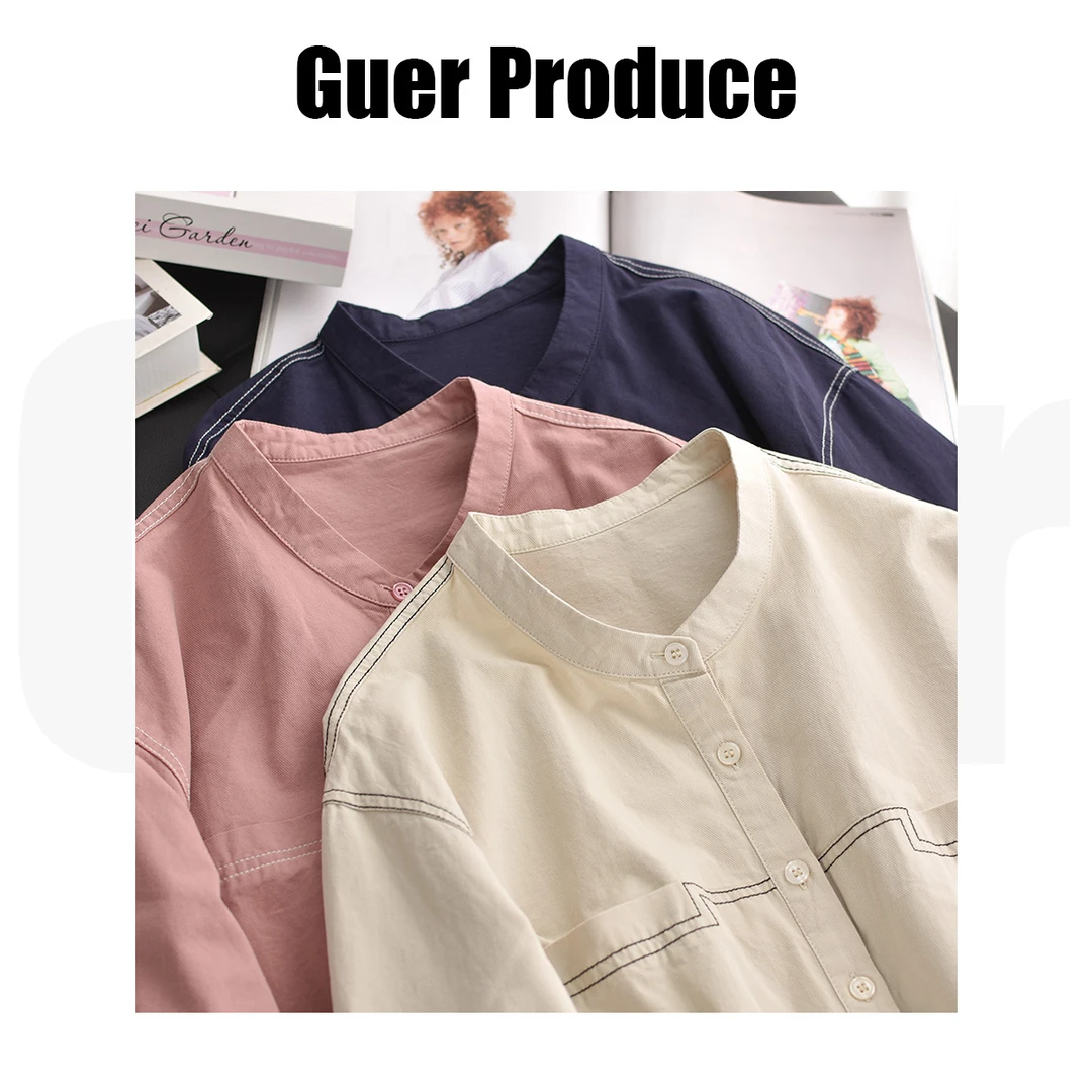 春秋纯棉斜立领衬衫女长袖百搭小个子短款2024年纯色上衣