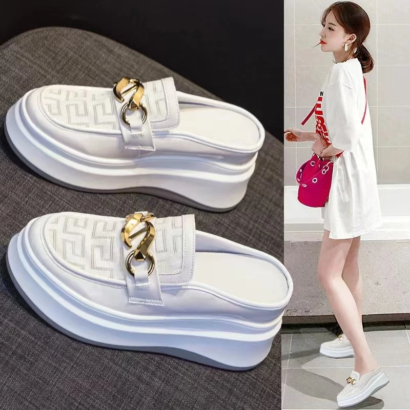 7.5CM小香风懒人半拖鞋外穿凉拖内增高厚底洞洞鞋包头夏季凉鞋女.