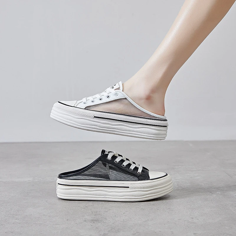 包头平底凉拖鞋女外穿网纱镂空透气无后跟小白鞋一脚蹬厚底半托女