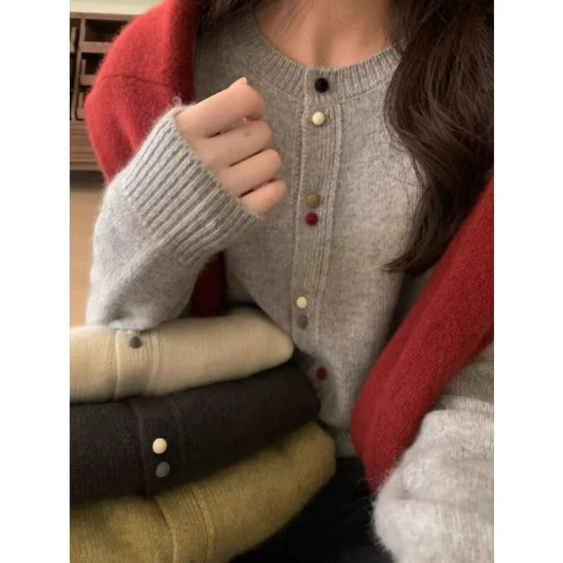 高级浅灰色毛衣针织开衫外套女春秋短款ins早春百搭复古圆领上衣