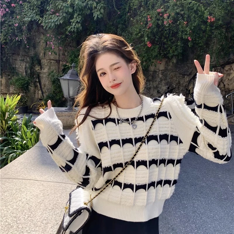 圆领套头针织毛衣女2023年秋冬爆款炸街辣妹小众宽松打底衫上衣厚