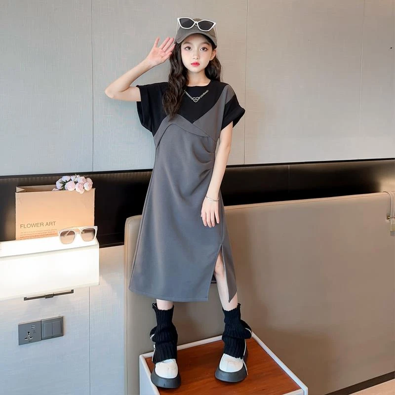 女童短袖连衣裙2024新款洋气夏装网红儿童炸街开叉长款女大童裙子
