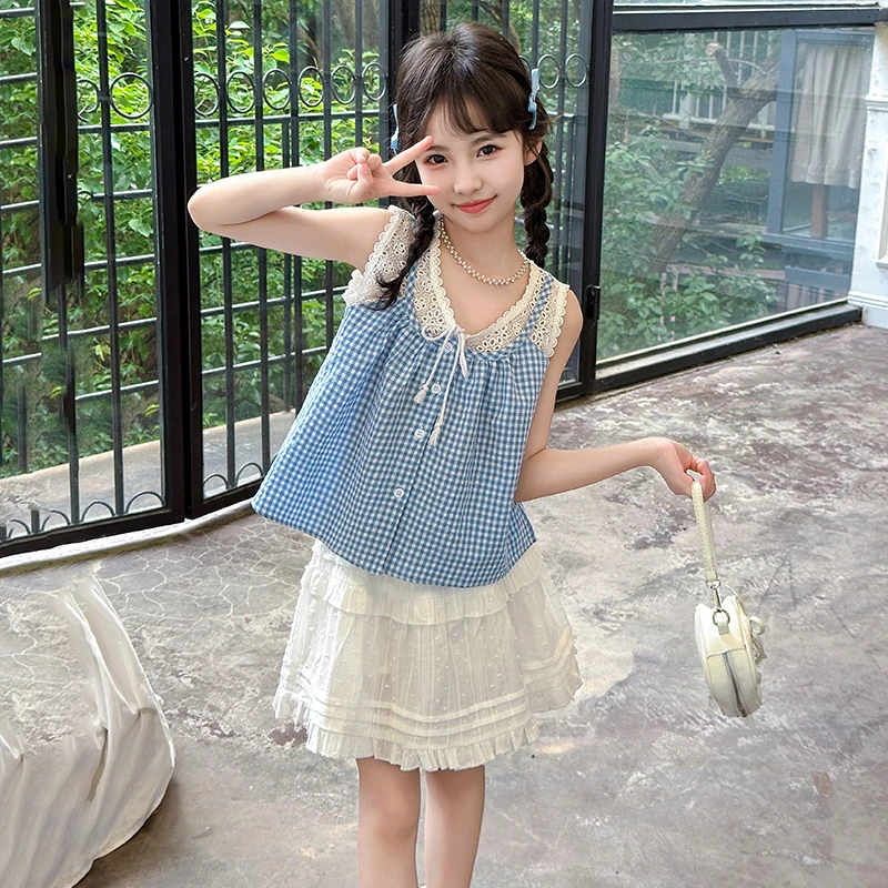 女童夏季2024新款甜美蕾丝背心裙套装格子吊带儿童娃娃衫韩版休闲