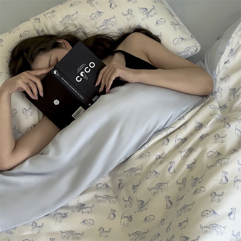 失眠小屋新品 60支兰精天丝数码印花四件套 慵懒猫咪 法式休闲系