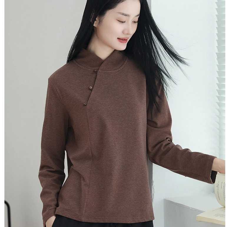 中式长袖双面德绒文艺长袖打底衫立领保暖文艺女宽松上衣