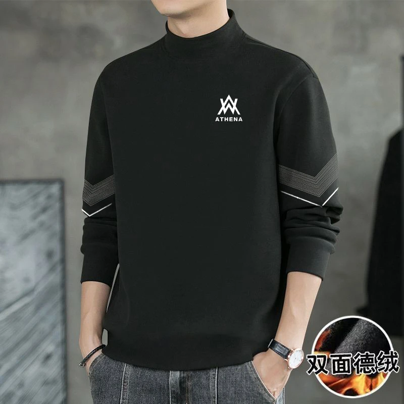 新款半高领男女打底衫双面绒德绒秋冬季加绒加厚保暖商务修身印花