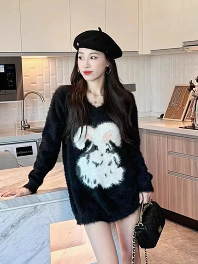 【卡通兔美式复古毛衣】V领宽松仿貂绒慵懒风套头