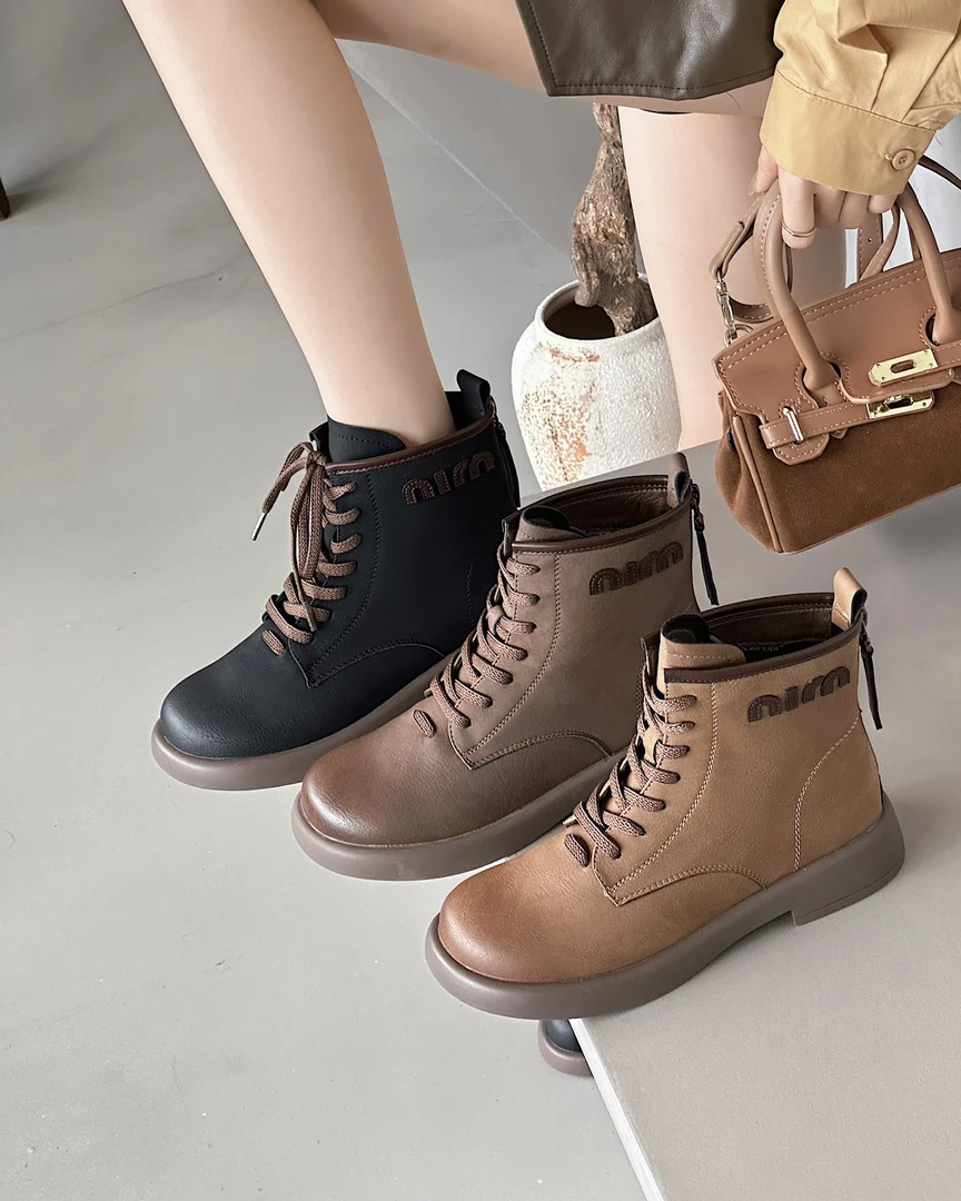 戈美其2024新款切尔西女加绒靴系带后拉链时尚百搭复古190688699