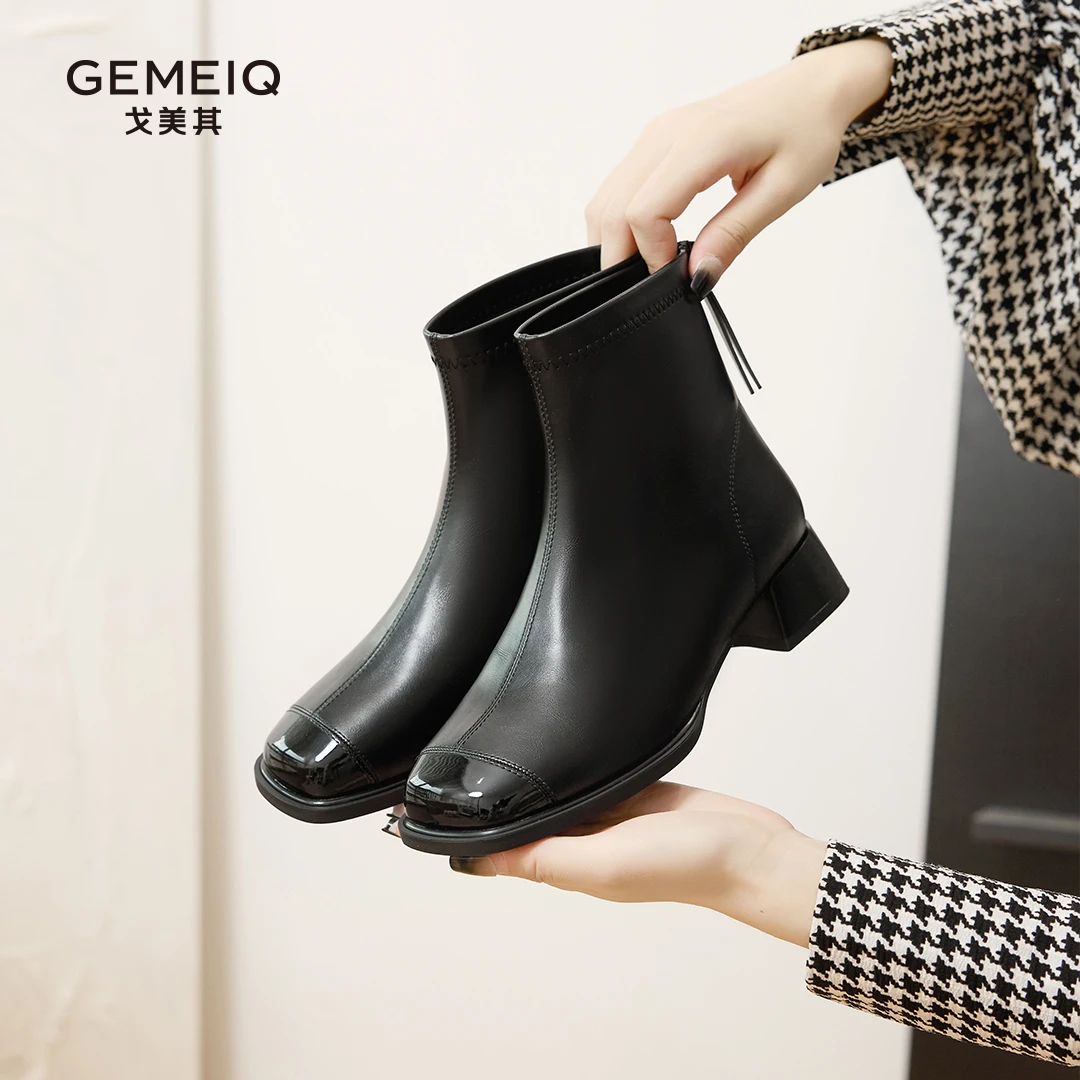 戈美其中筒粗跟低跟时装鞋方头时尚百搭瘦瘦靴秋冬拉链191618006